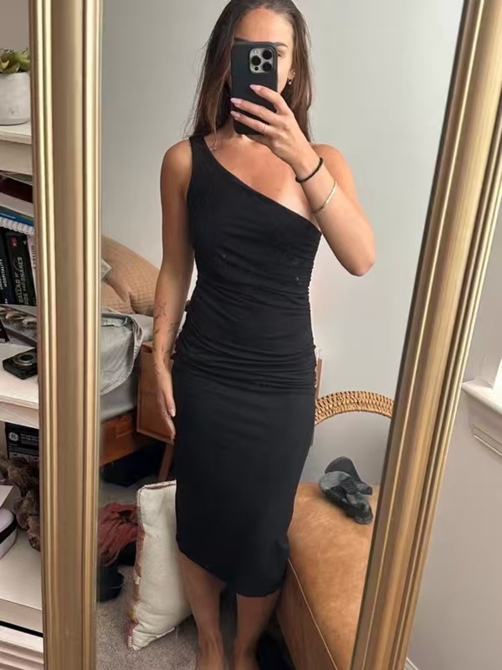 One-Shoulder Black Ruched Midi Dress